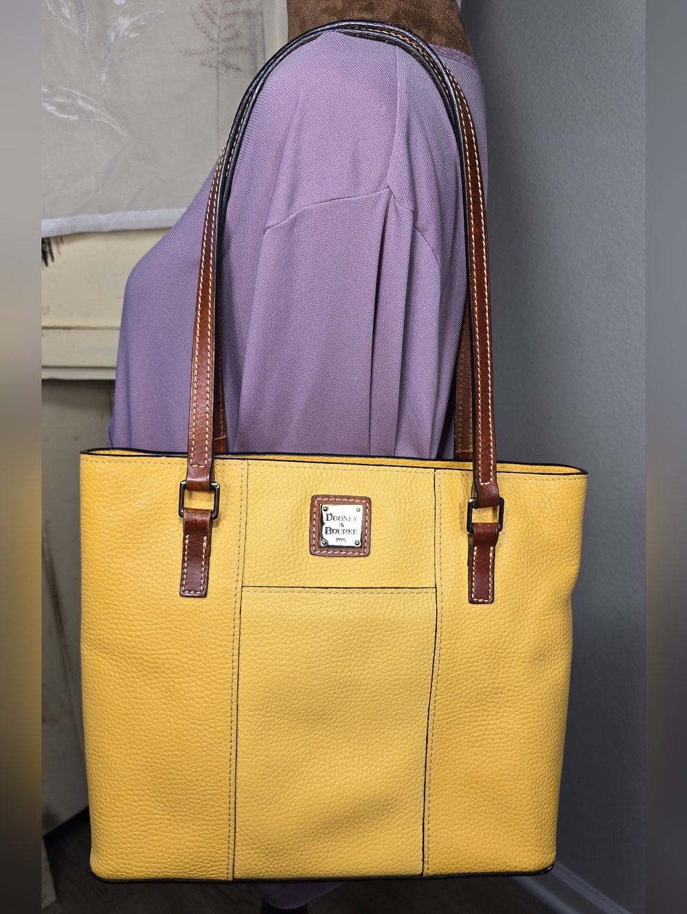 🌻 Dooney & Bourke Mustard Yellow Pebbled Leather Small Lexington Tote Bag